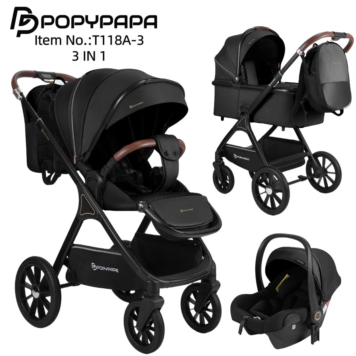 Karrocë për Bebë POPYPAPA T118A-3 – 3 në 1 | Karrocë + Shtrat + Maxi Cosi